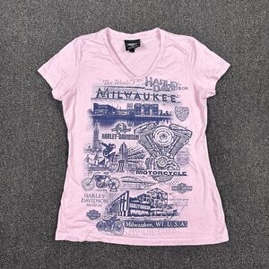 Harley Davidson Museum Milwaukee Pink V Neck Tee Shirt Women's Size Medium